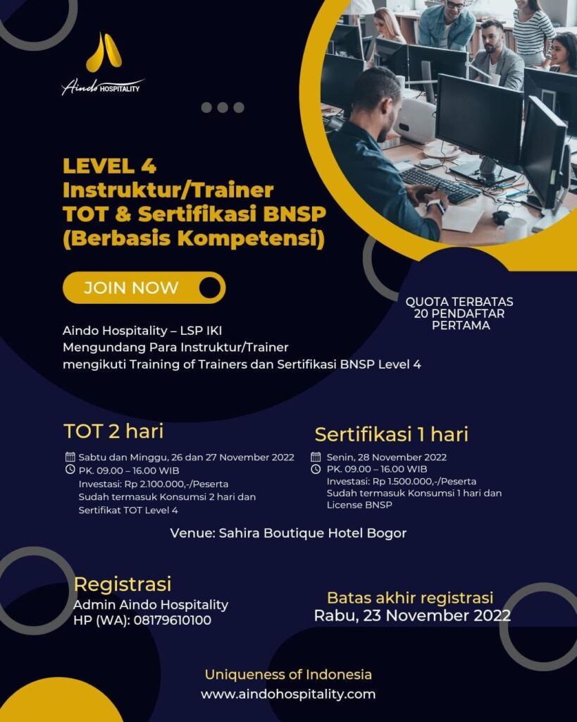 LEVEL 4 Instruktur/Trainer TOT & Sertifikasi BNSP (Berbasis Kompetensi ...